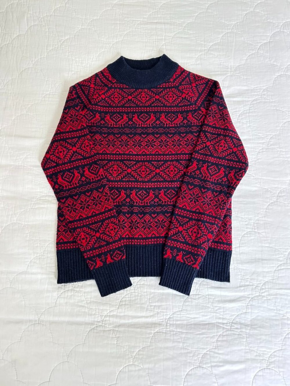 J.Crew Cheerful Mock Neck Fair Isle Sweater in Navy/Red Combo, Size XS